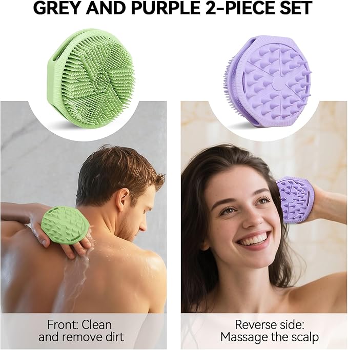 2-Pack Soft Silicone Dual-Sided Body Scrubber & Loofah | Gentle Exfoliating Shower Brush for Men & Women | Creates Rich Lather, Easy to Clean (Green & Purple)