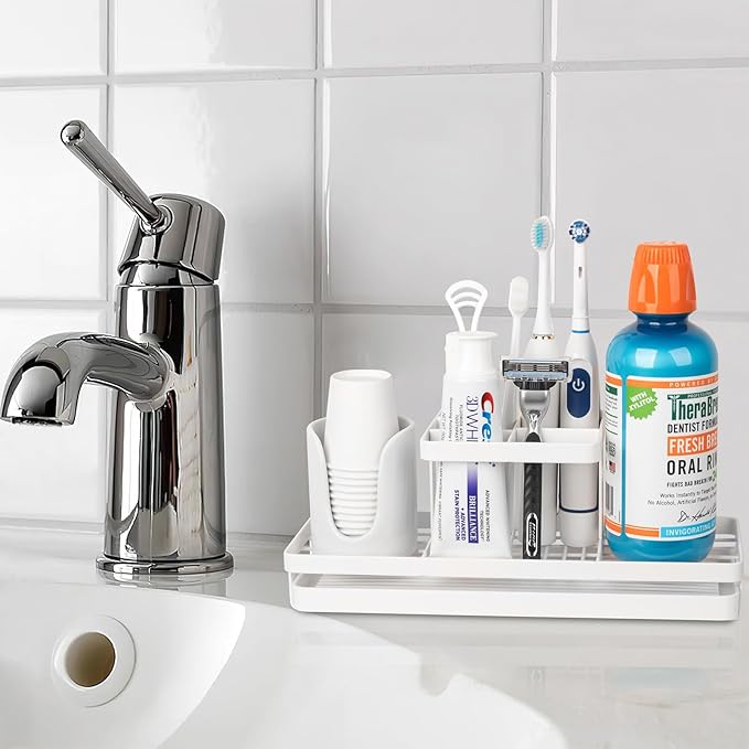 Toothbrush Holders for Bathrooms, Carbon Steel Tooth Brushing Holder Electric Toothbrush and Toothpaste Organizer Bathroom Accessories for Countertop, Shower, Sink, 5 Slots, White