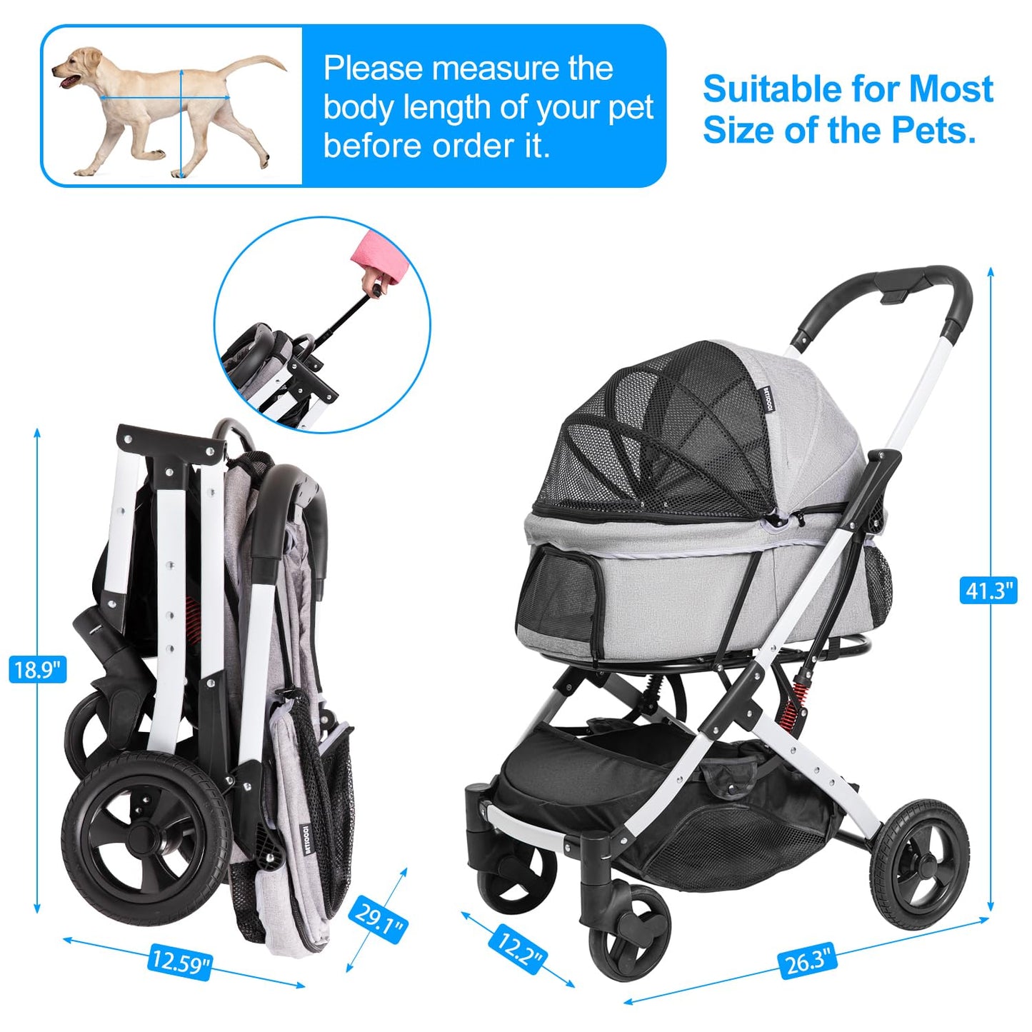 BETSOCCI Pet Stroller for Medium Small Dog & Cat, Foldable Lightweight Dog Stroller with Storage Basket Pet Travel Carriage with Safety Leashes, 4 Wheel, Gray