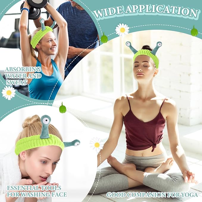 Face Wash Headband, Palm and Snail Spa Hair Bands Makeup Headbands Women Cartoon Cute Coral Fleece Elastic Headband Creative Hair Accessories for Washing Face Shower Sports (Dark green/Light green)