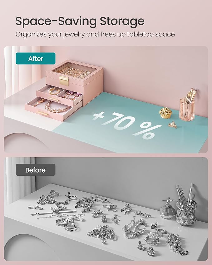 SONGMICS GISELLA Collection - Jewelry Box Organizer, 3-Layer Jewelry Storage with 2 Drawers, Shiny Metal Hardware, Glass Lid, Modern, 8 x 9.1 x 5.3 Inches, Jelly Pink and Gold Color UJBC239SA01S