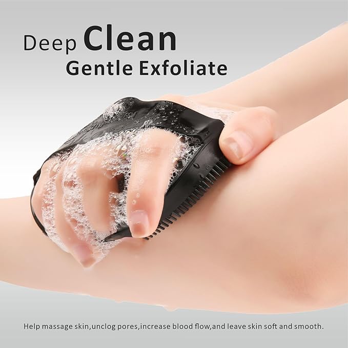 Back Scrubber & Face Scrubber Brush for Shower - 15 Inch Long Handle Double Sided Silicone Body Brush for Exfoliation & Massage, Soft Facial Cleansing Brush, Rich Lathering for Deep Cleansing (Black)