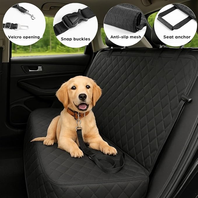Waterproof Dog Car Seat Cover with Belt for Back Seat - Washable Pet Protector Accessories for Cars, Trucks, SUVs, and Bench Seats - Auto Backseat Hammock for Small & Large Dogs