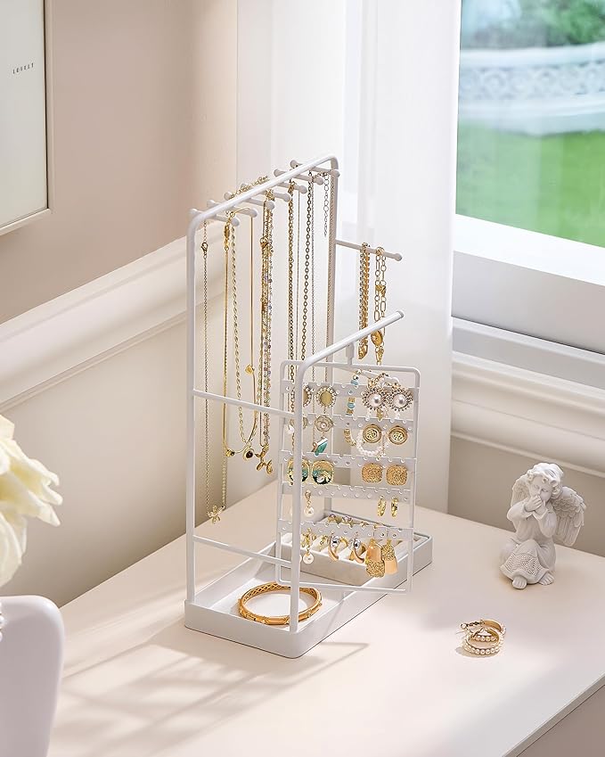 ProCase Jewelry Stand Holder Organizer, Jewelry Display Storage with Ring Tray, No-Assembly Needed, Rotating Earring Bracelet Necklace Holder, Christmas Gifts Room Dorm Decor for Teen Girls -White