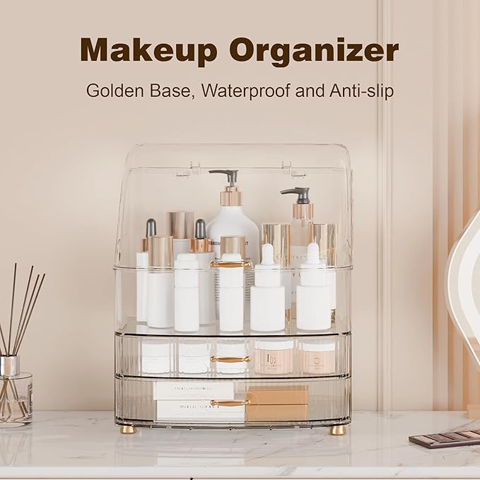 Makeup Organizer Countertop Vanity with Transparent Lid Drawers Waterproof Dustproof Cosmetic Skincare Bathroom Storage Gift for Women Teens Girls (Clear Whtie)
