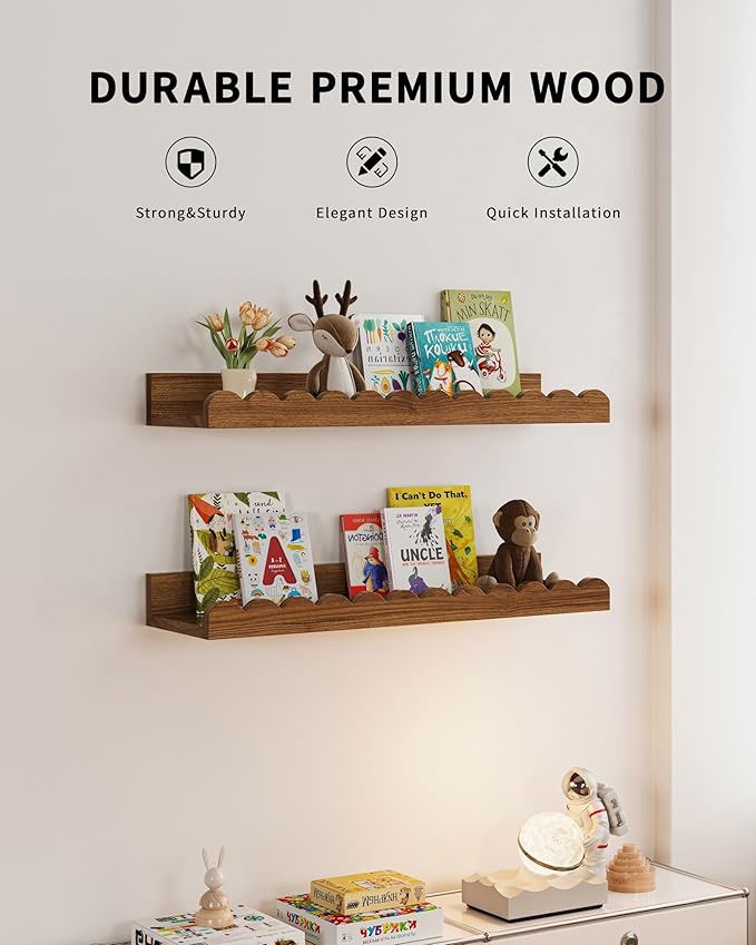 Shario Nursery Book Shelves, 4-Pack Walnut Brown,Floating Shelves for Wall Kids, Scalloped Shelves, Wall Book Shelves for Bedroom Kids, Toddler Room, Baby Room, Nursery Decor