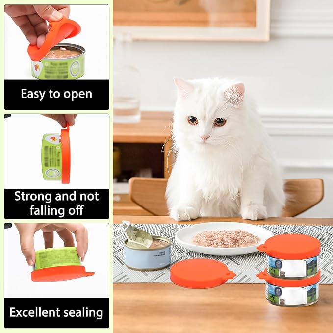 PINE & LINEN 4 Pcs 2.5inch Durable Pet Can Lids,Silicone Small Pet Can Covers Waterproof Cat Food Cans Lids for 3 oz Cat Food Cans（Orange）