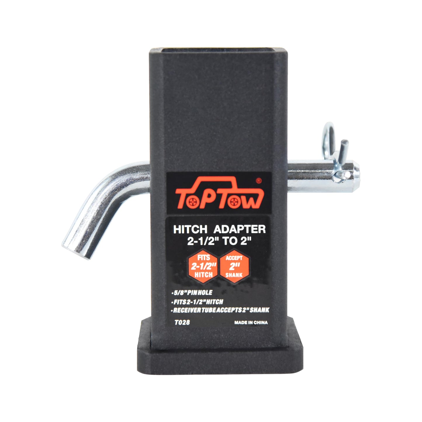 TOPTOW 64028HP Trailer Hitch Adapter 2-1/2" to 2" Hitch Reducer Sleeve Carbon Steel, 5/8 inch Pin & Clip Included