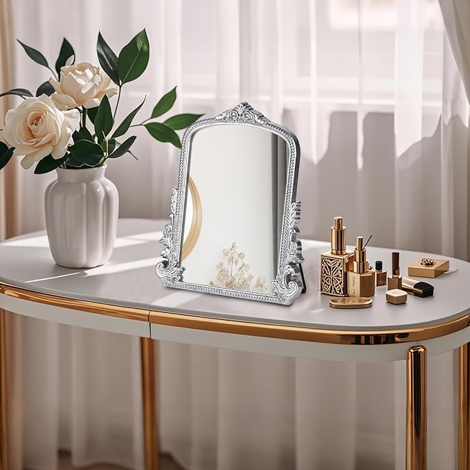 Vintage Makeup Mirror, Vanity Desk Mirror Antique Traditional Tabletop Mirrors, Standing, Hang or Wall Mounted, Adjustable Dress-up Mirrors, Silver Decor for Living Room,Bedroom