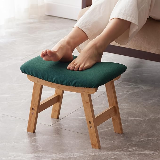 Kitsanery Foot Stool,Ottoman,Bamboo Small Sofa Foot Rest Under Desk,Extra Seating for Living Room, Bedroom and Kitchen (Natural Stool Legs - Green Surface)