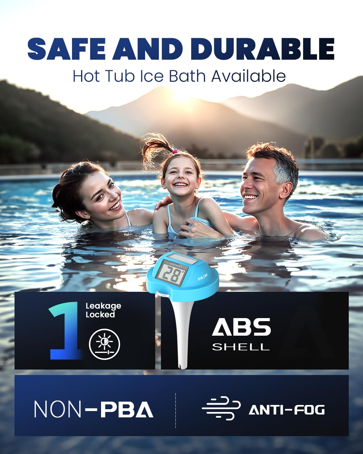 BALDR Pool Thermometer Floating Easy Read, Solar Digital Pool Thermometer with Dual Large Screens, IPX7 Water Temperature Gauge for Inground Above Ground Pools & Spas (Light Blue)