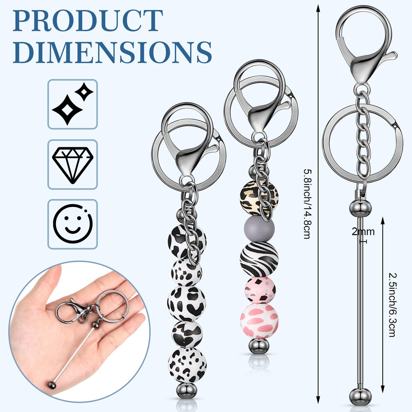 Tondiamo 24 Pcs Beadable Keychain Bars Bulk Beads for Keychain Making Kit Gifts for Women Men DIY Crafts(Gray)
