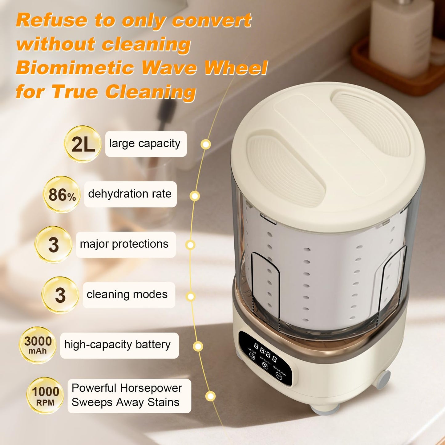MEIIS Portable Mini Washing Machine, 2L USB Rechargeable 3000mAh with Spin Dry Basket, 3 Modes Blue Light Cleaning, Compact for Dorm, Camping, RV - Underwear & Baby Clothes Washer