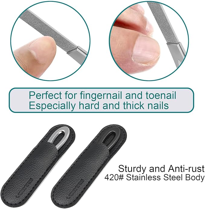 Toenail File for Thick Toenails, 3.6 Inch Stainless Steel Diamond Metal Finger Nail Files for Men and Women, Comes with Glass Polisher Set