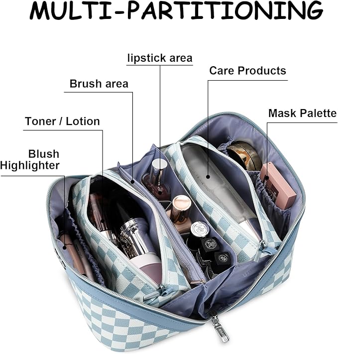 BOYATU Travel Makeup Bag Organizer Cosmetic Bag: 3 Pcs Set Make up Bags for Women with Handle - Waterproof Vegan Leather Toiletry Bag (01-G-Blue)
