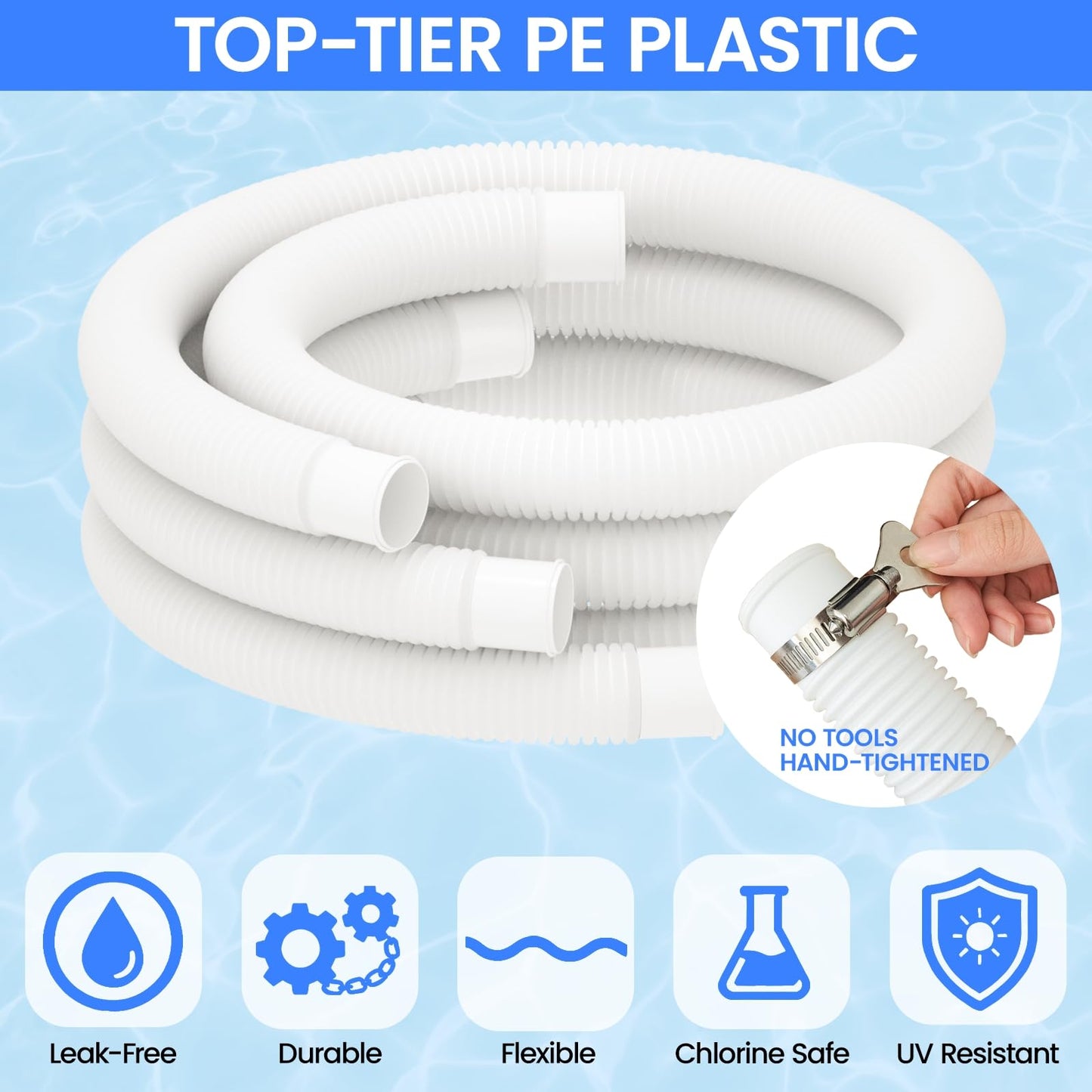 Poolvio Pool Hoses for Above Ground Pools 1.25" Diameter x 59" Long, 3-Pack, Heavy Duty UV Resistant & Leak-Proof Pool Pump Hoses with 6 Metal Thumb Clamps, Fits Intex Filter Pump 607/637