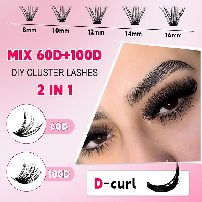 Lash Extension Kit 60D+100D Cluster lash kit Mixed Length D Curl Clusters Eyelash Extension Kit with LashBond & Seal & Remover & Tweezers, Lash Clusters DlY False Eyelashes, Summer Makeup 8-16mm