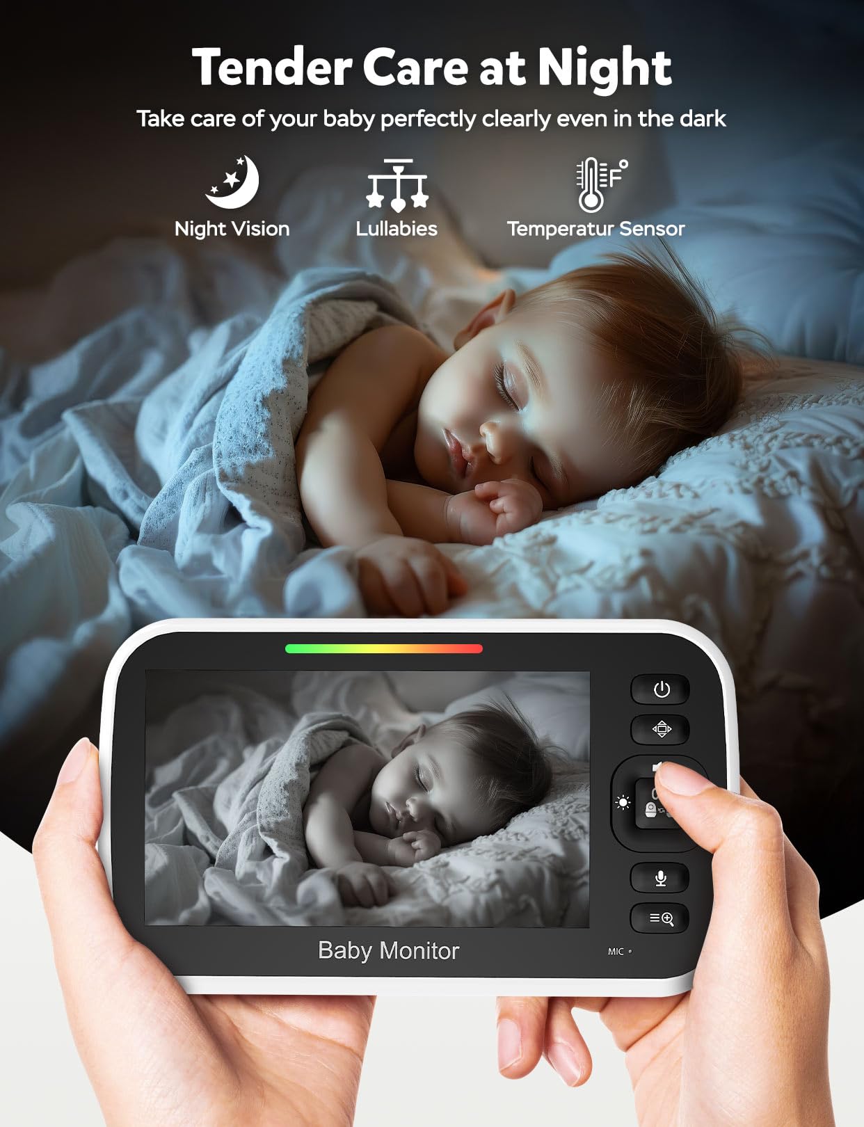 GoodBaby 5" Baby Monitor with Camera and Audio, No WiFi Secure Camera, 30-Hour Battery, Remote PTZ, Auto Night Vision, Room Temperature, Two-Way Audio，Lullabies，960 ft Range