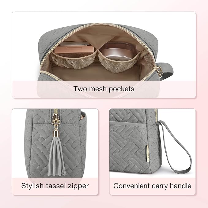 BAGSMART Makeup Bag, Elegant Roomy Cosmetic Pouch for Purse,Travel Zipper Pouch,Water-resistant Toiletry Bag,Makeup Accessories Organizer, Grey