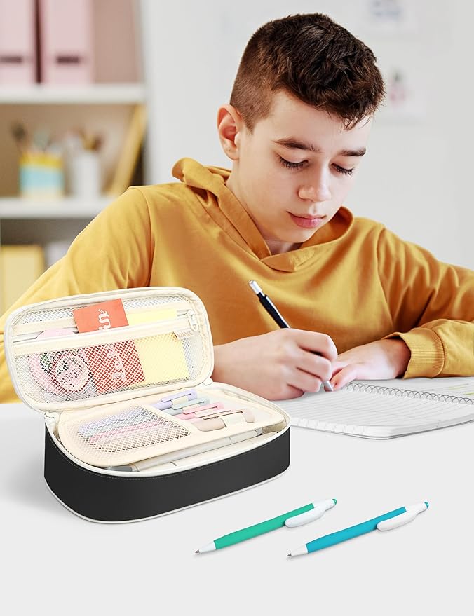SUNEE Cute Pencil Case, Aesthetic Pen Pouch, Colored Large Pencil Bag with Zipper, Kawaii Stationery Storage and Organizer, School Supplies for Teen and Adult Girls, Black