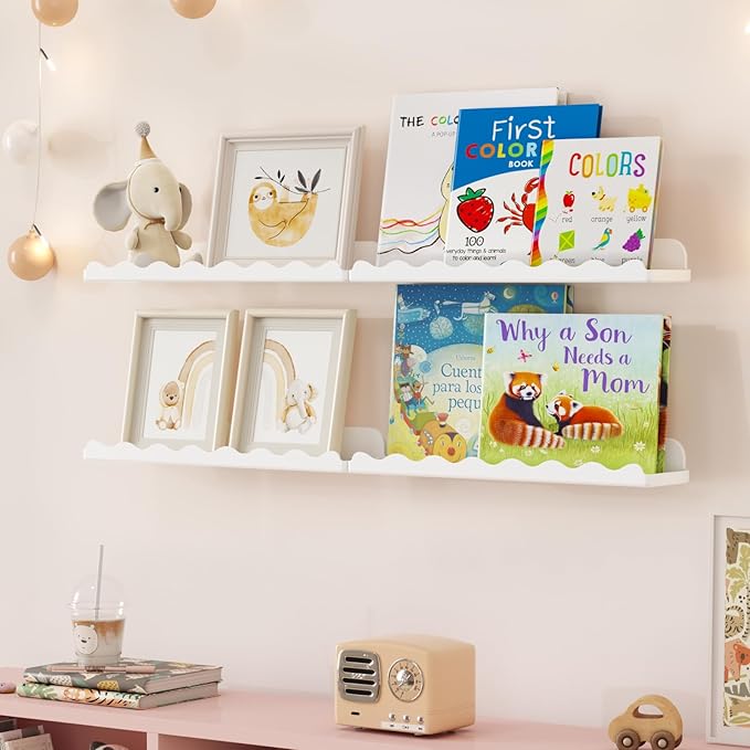 Lifewit Plastic Nursery Floating Book Shelves 12 Pack, 15"x3.4" White Clouds Plastic Wall Shelf for Bedroom Kids, Hanging Bookshelf Racks for Baby Toddler Children Room Decor, White