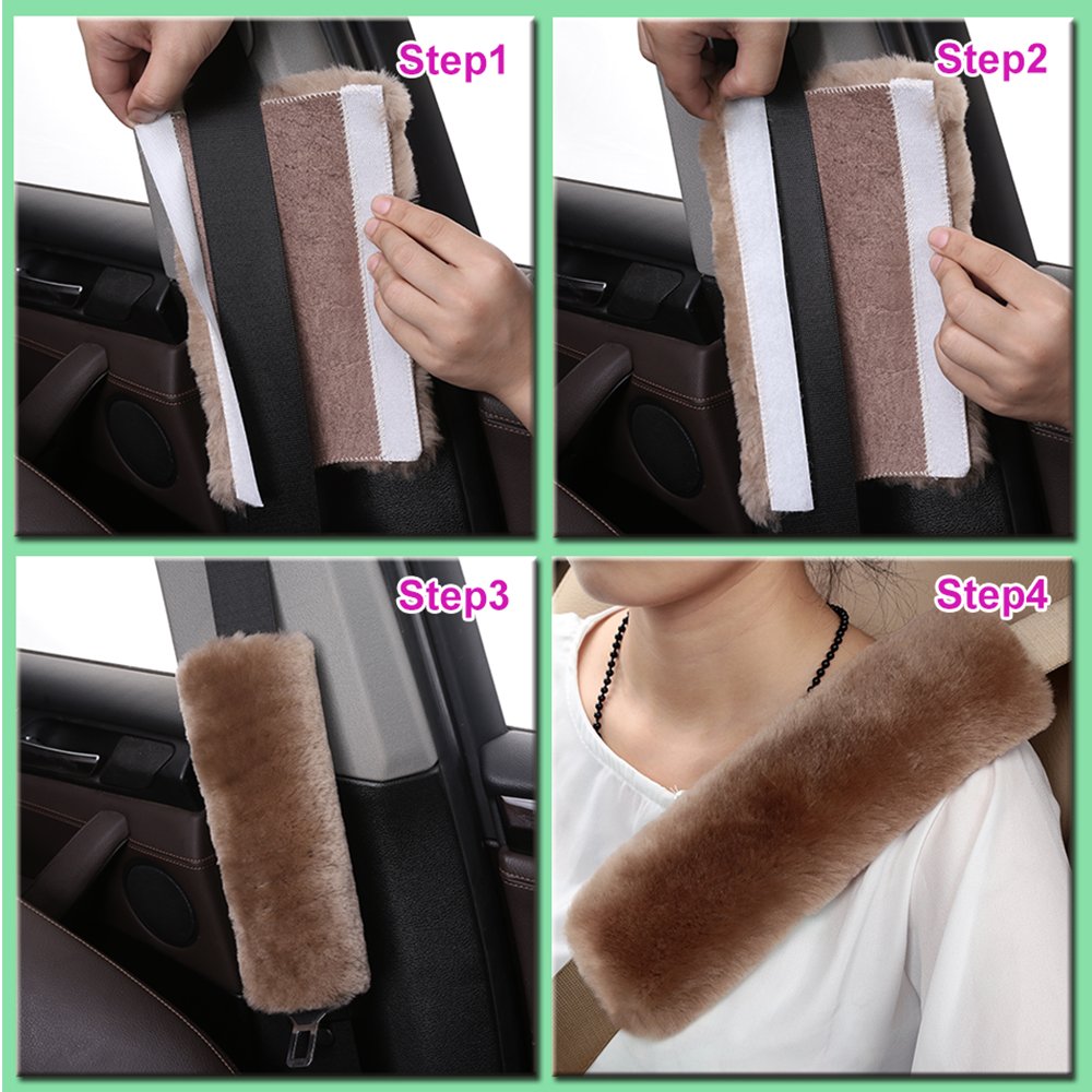 OGLAND 2 Pack Automotive Authentic Sheepskin Car Seat Belt Pads, Soft Shoulder Pad, Neck Cushion Protector, Genuine Natural Merino Wool (Pearl)