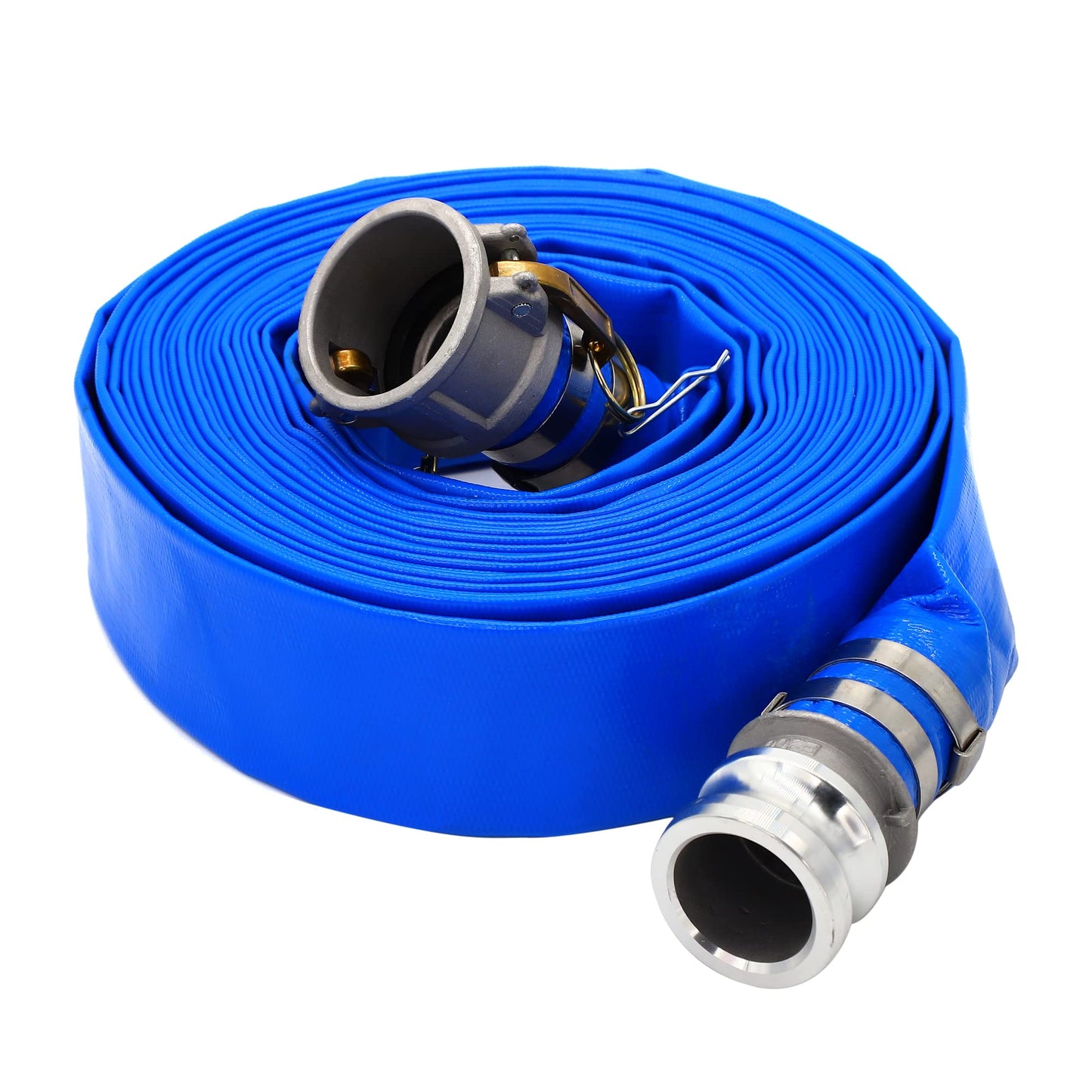 DAVCO 2" ID × 25 ft Pool Backwash Hose, Heavy Duty Reinforced Blue PVC Lay Flat Water Discharge Pump Hoses For Swimming Drain Pools and Clean Filters, with Aluminum Camlock C and E Fittings