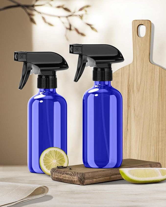 Bontip Glass Spray Bottle, Blue Glass Spray Bottle Set & Accessories Refillable for Plants Window Cleaners Aromatherapy Facial Hydration Watering Flowers Hair Care (2 Pack/8 oz) (Blue)