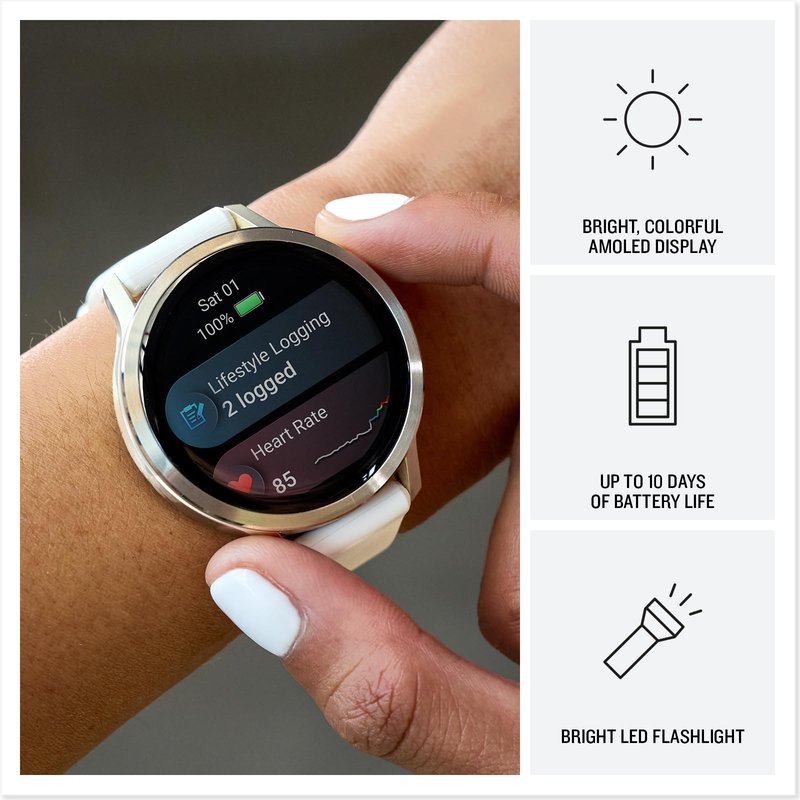 Garmin Venu® 4, 41mm, Advanced Health and Fitness GPS Smartwatch, Bright and Colorful Display, Built-in Flashlight, 10 Days of Battery Life, Lunar Gold with Bone Silicone Band