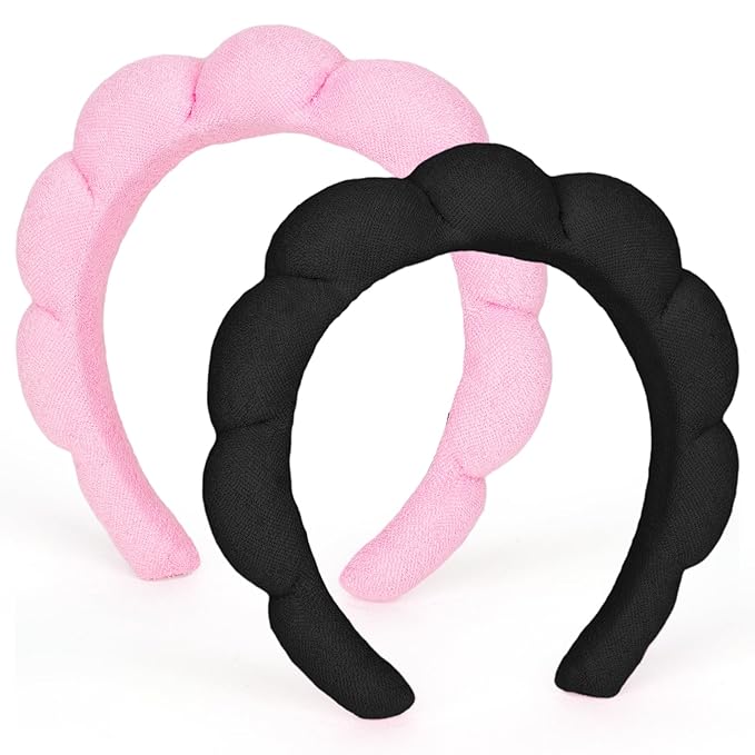AMCAMI 2 PCS Puffy Spa Headband for Women Sponge Headbands for Girls Terry Towel Cloth Fabric Head Band for Skincare,Makeup Removal,Face Washing,Facial Mask,Shower,Hair Accessories（Black&Light Pink）