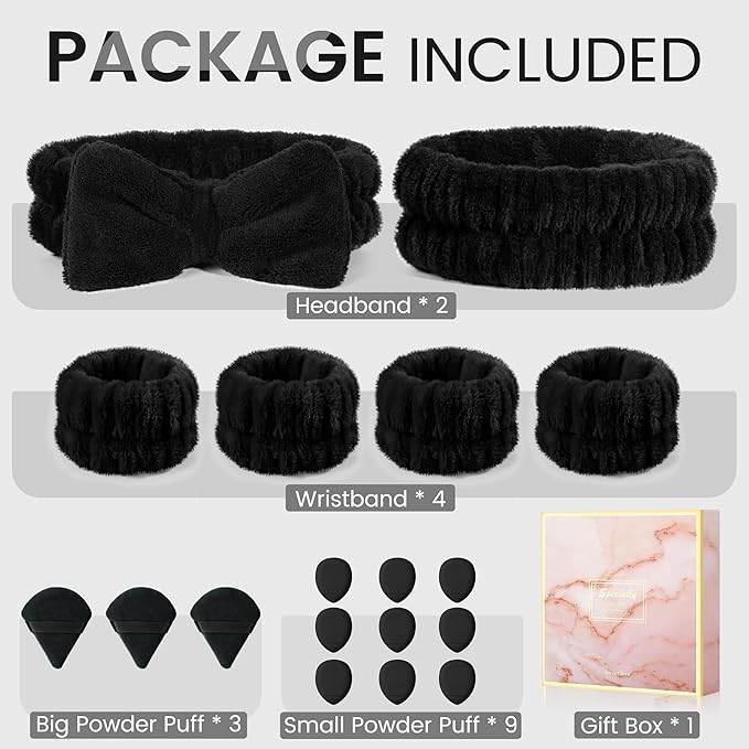 Crosize Headbands and Wristbands Set for Washing Face, Spa, Skincare, Gift for Women and Girls, with Powder Puffs, Black