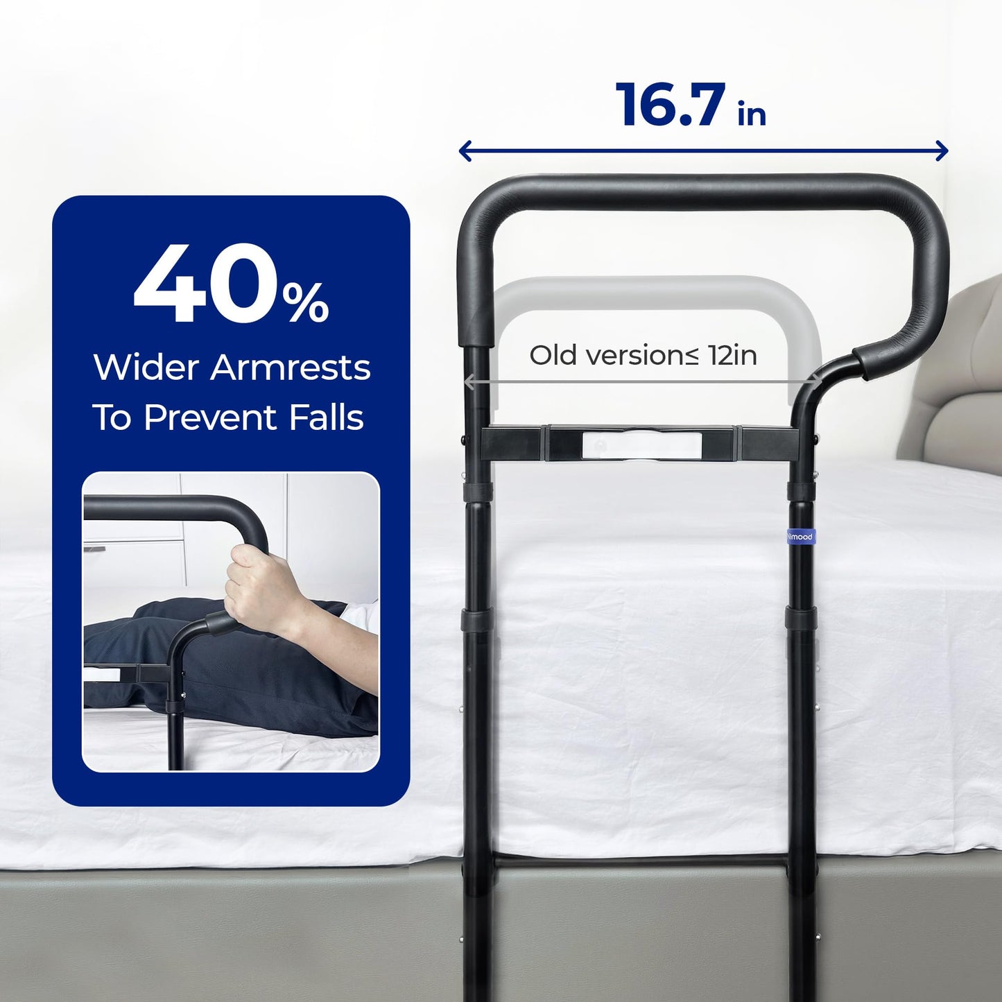 nimood C3 PRO Bed Rails for Seniors Elderly Adults Safety, Adjustable Heights Bed Cane Bed Assist Bar Elderly Assistance Products, with Motion Light- Easy to Get in or Out of Bed with Floor Suppor