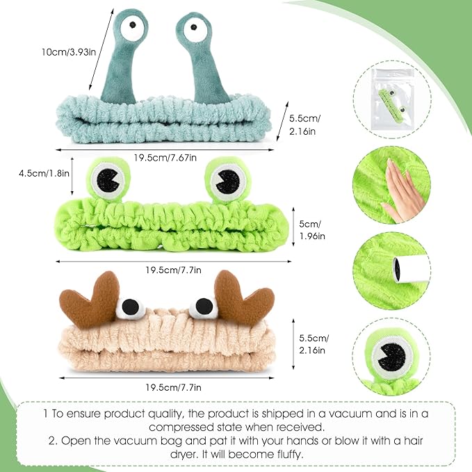 3 Pack Spa Headband Face Wash Hairband Facial Makeup Head Wraps Cartoon Elastic Head Band Cute Frog Snail Crab Shower Headband Creative Hair Accessories for Beauty Skincare Sports