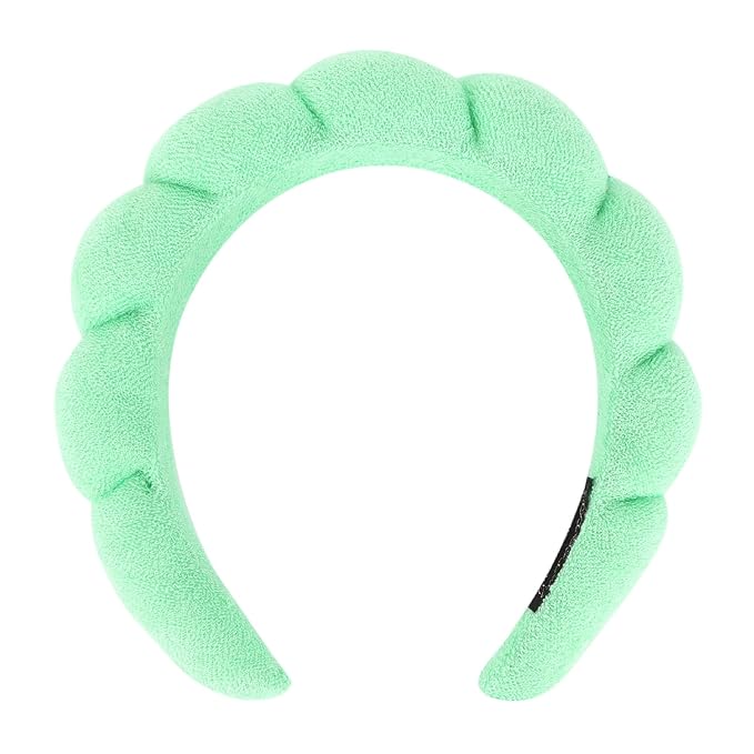 Women's Spa Headband for Washing Face, Makeup Removal, and Shower - Terry Cloth Puffy Sponge Headband with Hair Accessories (Green)