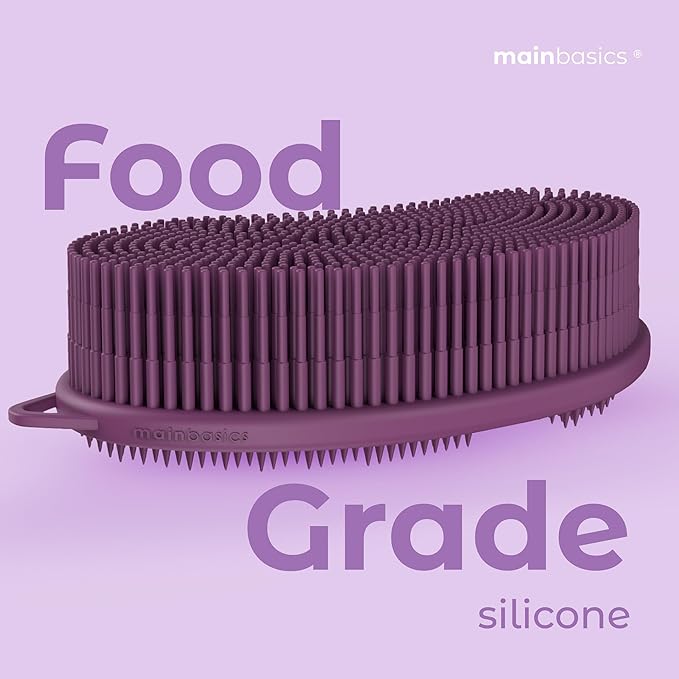 MainBasics Silicone Body Scrubber Dual-Sided Shower Loofah and Exfoliator (Purple, Exfoliate)