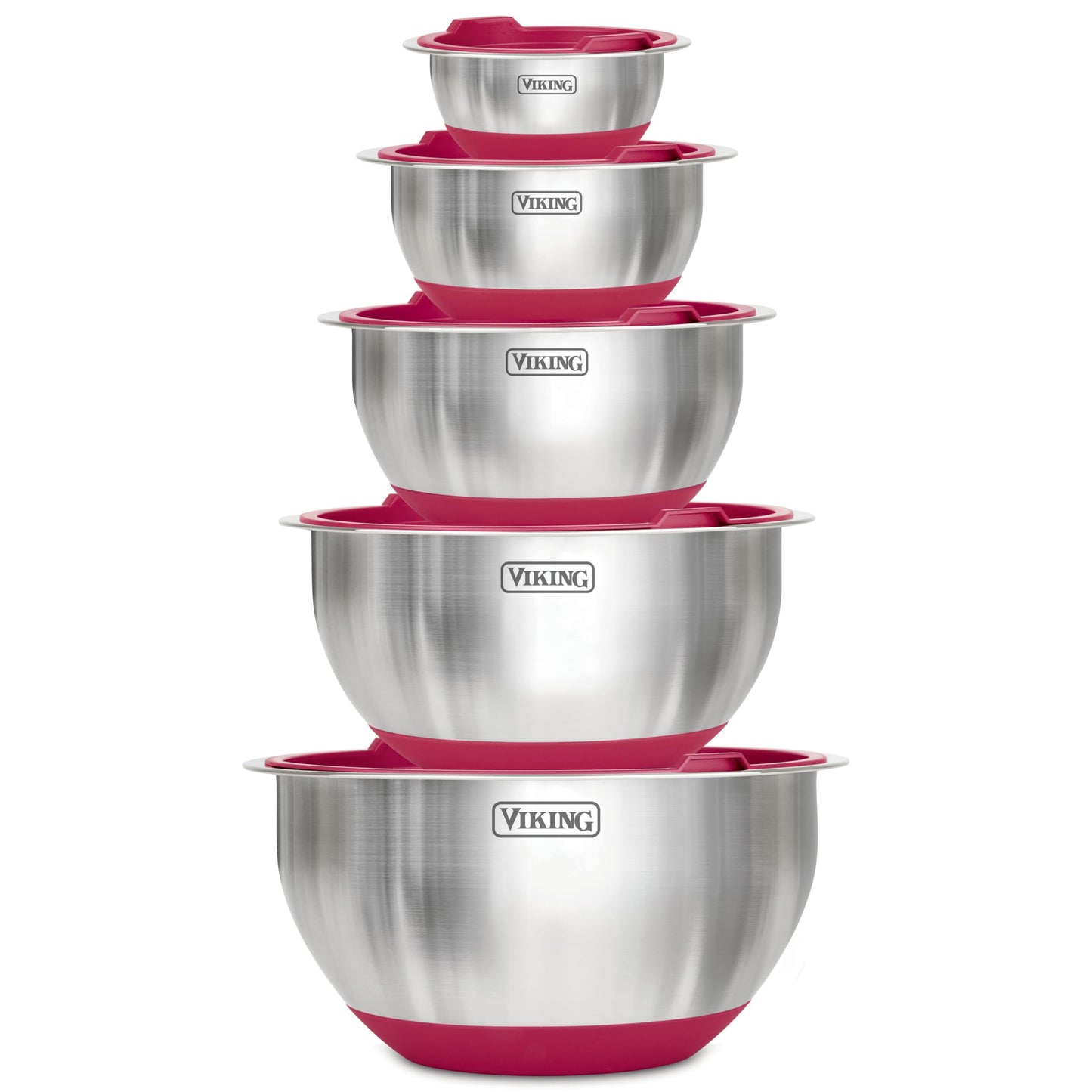 Viking Mixing Bowls Set, 10 Piece Stainless Steel Kitchen Cookware, Non-Slip Silicone Base, Includes Tight Fit Lids, Dishwasher Safe, Red