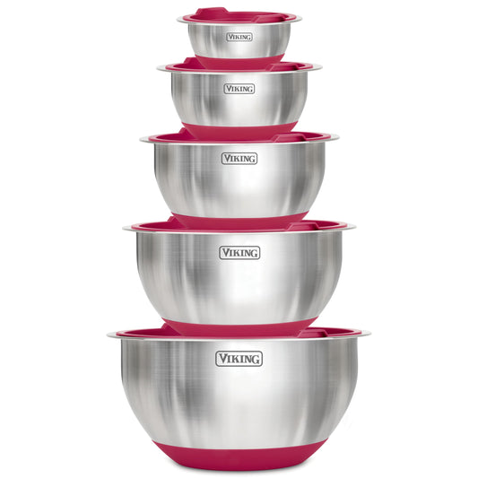 Viking Mixing Bowls Set, 10 Piece Stainless Steel Kitchen Cookware, Non-Slip Silicone Base, Includes Tight Fit Lids, Dishwasher Safe, Red