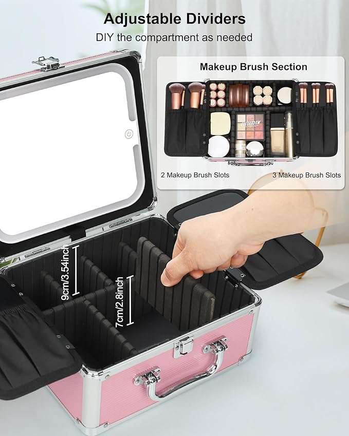 Relavel Makeup Bag with LED Mirror, Cute Makeup Box Travel Train Case with Rechargeable Lighted Mirror, Cosmetic Brush Organizer Storage for Makeup Artists Gifts for Women and Girls, Pink