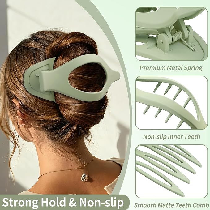 5.5 Inches Extra Large Flat Hair Clips for Women, 4 Pack XL Big Claw Clips for Thick Hair, Oversized Matte Strong Hold Non-slip Flat Claws, Green