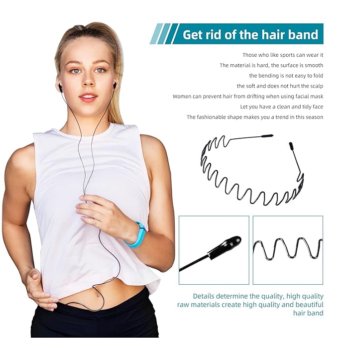 Metal Headband for Hair Control, Adjustable Wavy Zigzag Hair Bands, Non-Slip Elastic Metal Hair Band for Sports, Workout, Running & Yoga, Daily Hair Management (3 Pack)