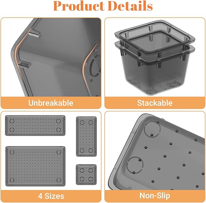 SpaceHacks 15 PCS Clear Plastic Drawer Organizer Set, 4-Size Acrylic Drawer Storage Trays, Storage Bins for Makeup, Gadgets, and Jewelry in Bathroom, Bedroom and Office, Clear Black