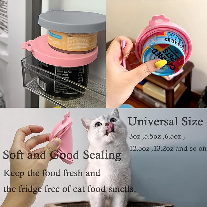 SJANE Cat Food Can Spoons & Can Lids | 4 Pcs | Multi-function Opener | Silicone Pet Food Covers | Cute Paw Shape Wet Food Spoon for Cats and Dogs(Pink+Grey)