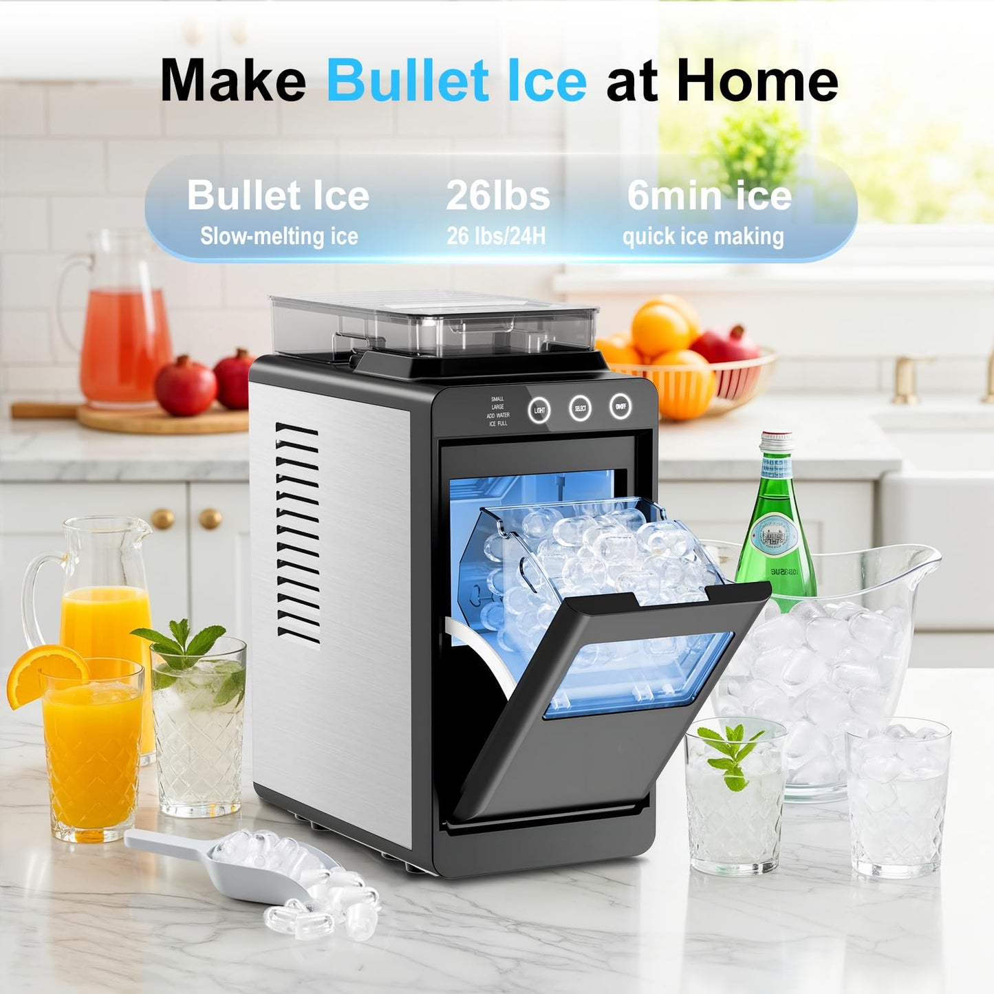 Kismile Countertop Ice Maker with 1.2L Top Water Tank, 8 Bullet Cubes in 6 Mins, 26.5lbs in 24Hrs, 2 Ice Sizes, Self-Cleaning Portable Ice Maker with Basket and Scoop, for Home/Camping/RV, Dark Black