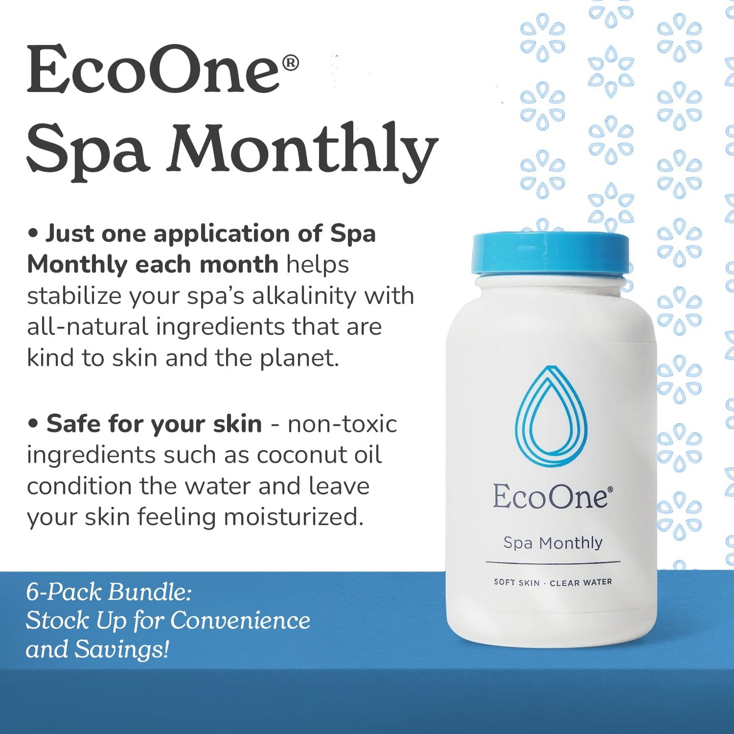 EcoOne Spa Monthly | Gentle All-Natural Spa Treatment | Conditioning Hot Tub, Pool, & Spa Cleaner | Above, In-Ground, or Inflatable Hot Tub Cleaner Stabilizes pH & Alkalinity, 8 Oz, (6-Pack)