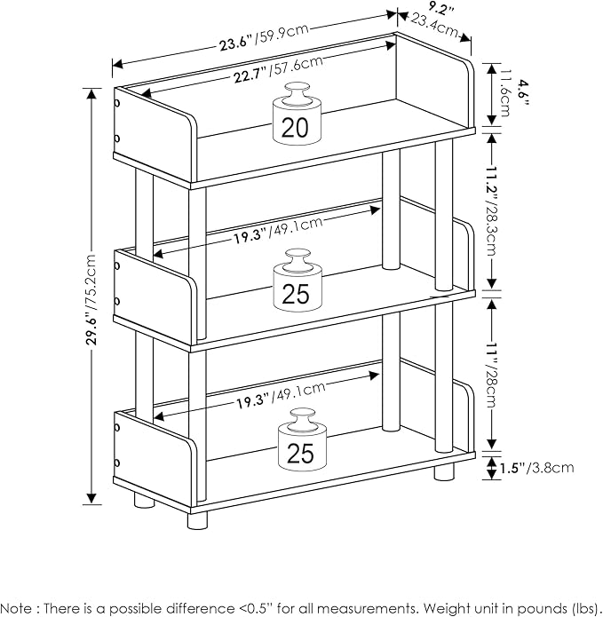 Furinno TURN-N-TUBE Display Shelf, 3-Tier Storage Shelves with Side Panels, Open Shelves Book Shelf with Rounded Corner Top Edges, for Organization and Storage, Living Room, Home Office, Walnut