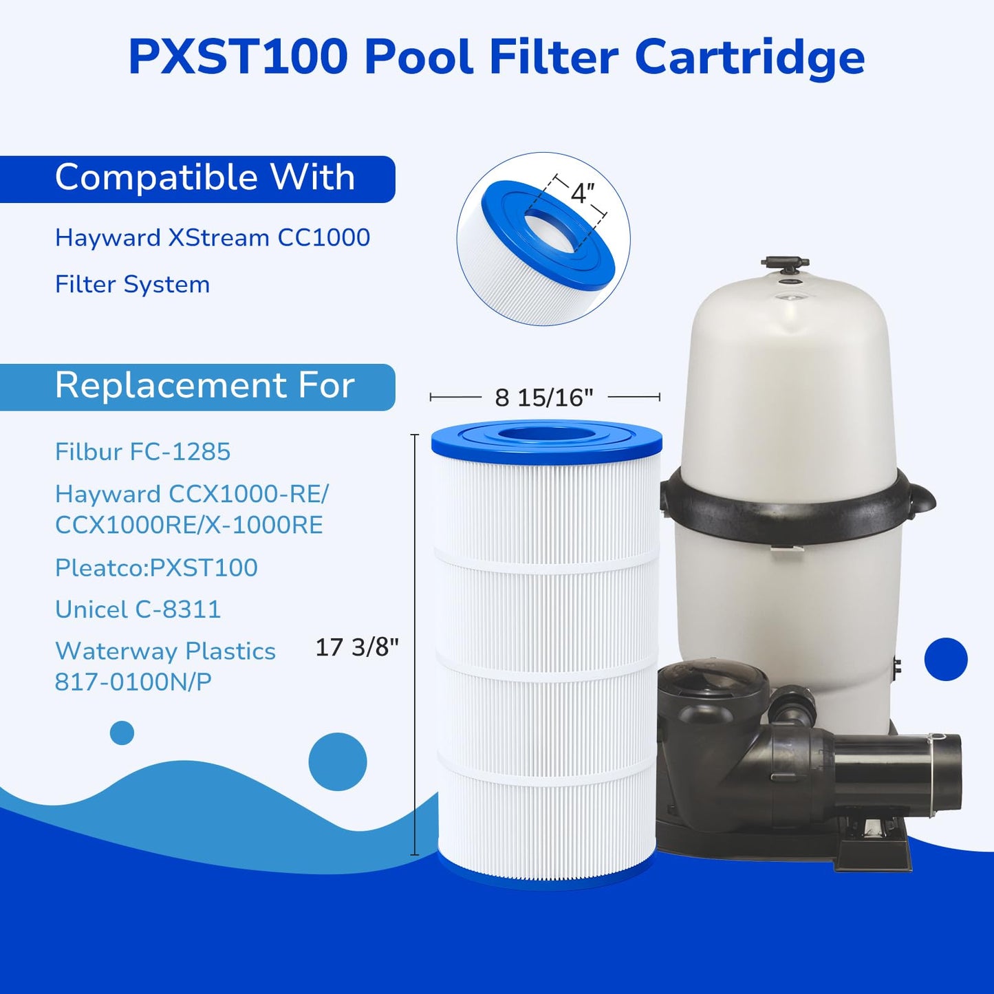 Fil-fresh PXST100 Pool Filters Cartridge Compatible with Hayward XStream CC1000, Replaces Pleatco PXST100, Hayward CCX1000-RE, Unicel C-8311, Filbur FC-1285, 817-0100N/P, 100 sq. ft, 1-Pack