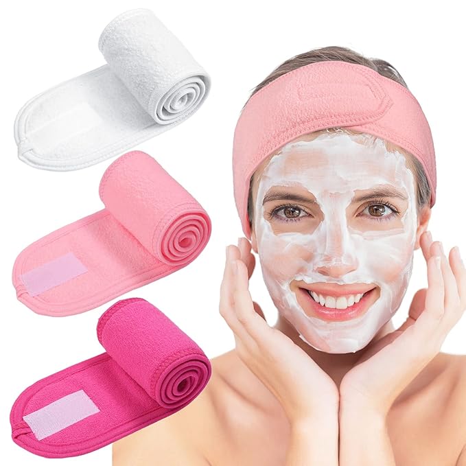 Whaline Spa Facial Headband Make Up Wrap Head Terry Cloth Headband Adjustable Towel Band for Face Washing Shower Facial Cover, 3 Pieces (White, Pink, Rose Red)