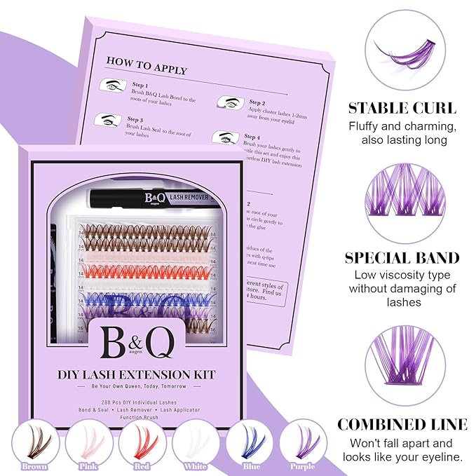 B&Q 280PCS Colored & Rainbow False Eyelashes Kit, 6 Vibrant Colors DIY Volume Lashes, Includes Lash Glue & Remover, Professional Cluster Lashes for Party, Stage, Cosplay, Festival Makeup
