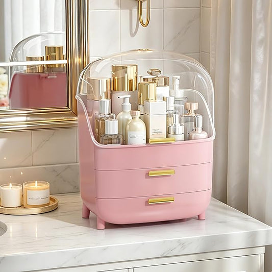 Vtopmart 3-Tier Skincare Makeup Organizer with Drawers and Lid for Vanity and Bathroom Countertop, Large Cosmetic Storage Box Case for Dresser, with Non-Slip Base, Pink