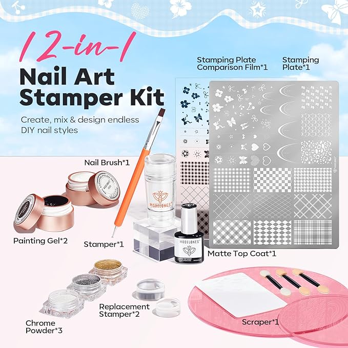Modelones 16PCS Plaid Nail Stamping Kit – French Tip Stamper White Black Painting Gel Polish Chrome Powder Proof Matte Gel Top Coat Gingham Template Dual Nail Art Brush Spring Manicure Gift for Women